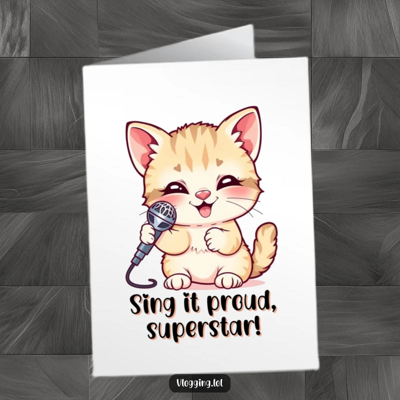 Funny Free Printable Giggling Kitten Congratulations Card: A joyful kitten holds a microphone, ready to belt out a congratulatory tune.