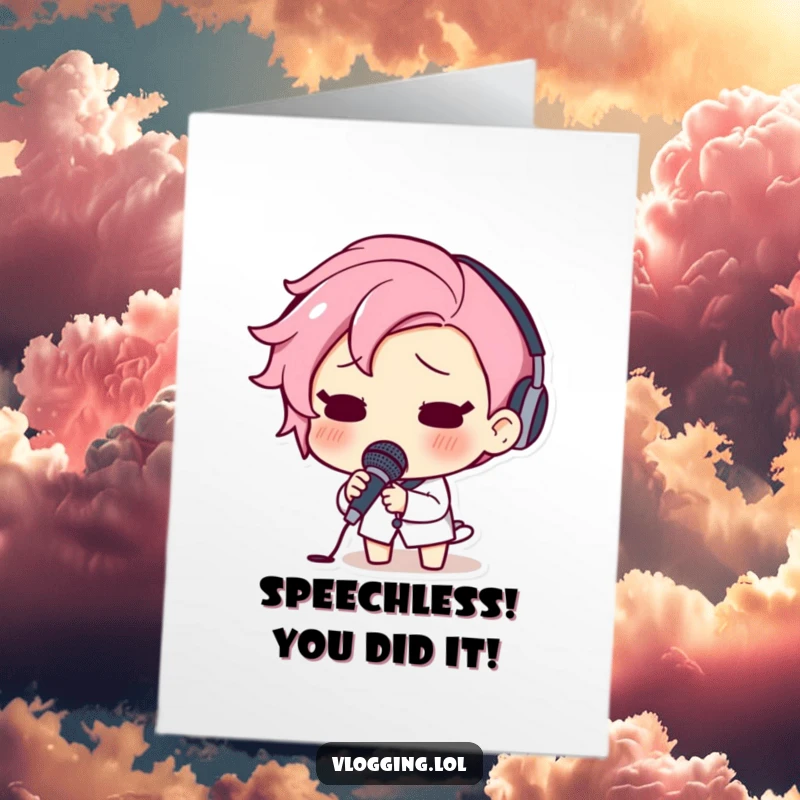 Funny Free Printable Congrats Card: Surprised character lets go of a microphone in sheer shock and disbelief, mid-declaration.