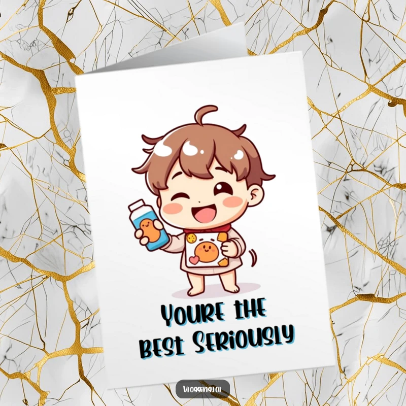 Funny Free Printable Congratulations Card: Cheerful Character Happily Demonstrating a Product, Celebrating a Milestone Achievement