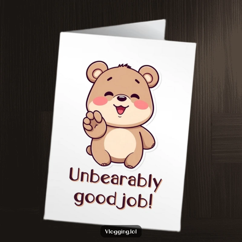 Funny free printable congratulations card: A smiling cartoon bear enthusiastically gesturing towards a screen, celebrating big achievements.