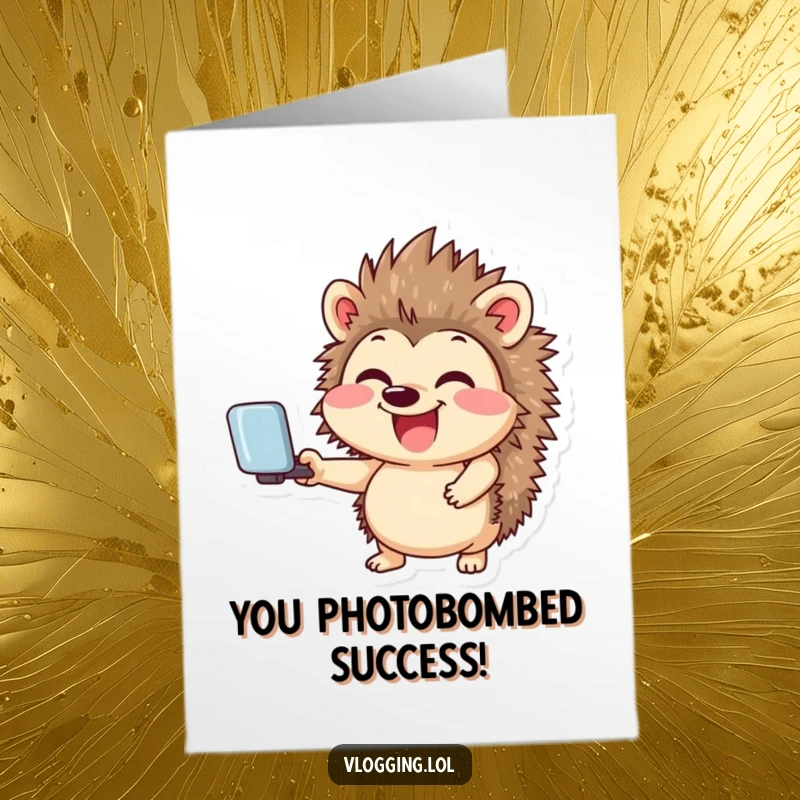 Funny Free Printable Congratulations Card: A giggling hedgehog smiling widely while holding a selfie stick, a funny congrats.