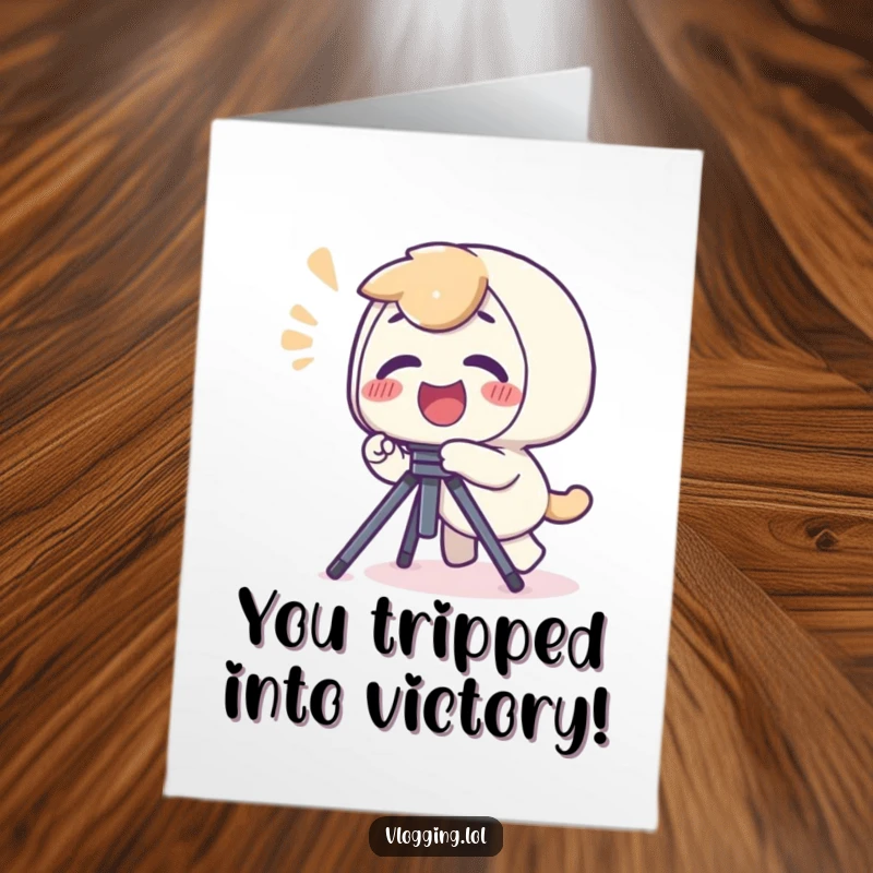 Funny Free Printable Congrats Card: Giggling character stumbles over a tripod, yelping playfully, adding humor to any achievement.