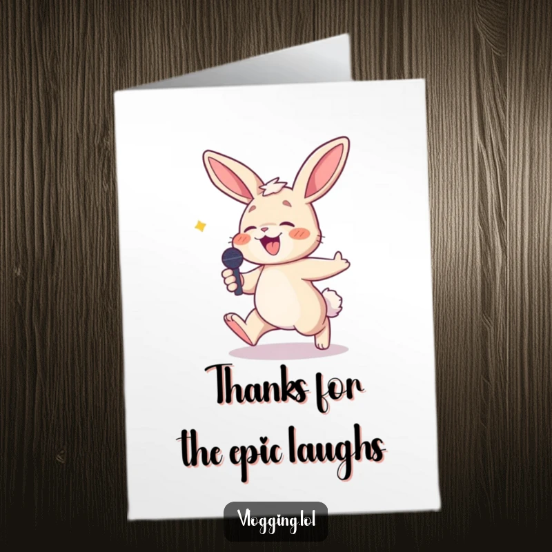 Funny Free Printable Thank You Card featuring a bunny hilariously stumbling while holding a microphone, expressing thanks.
