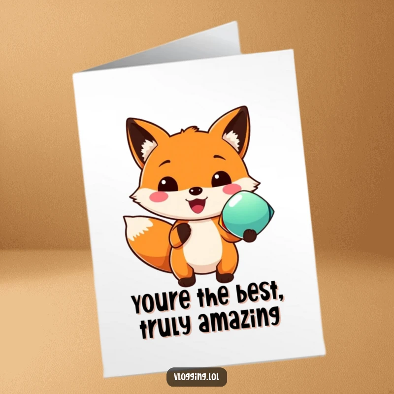 Funny Free Printable Thank You Card with a happy fox proudly displaying a colorful token of thanks.