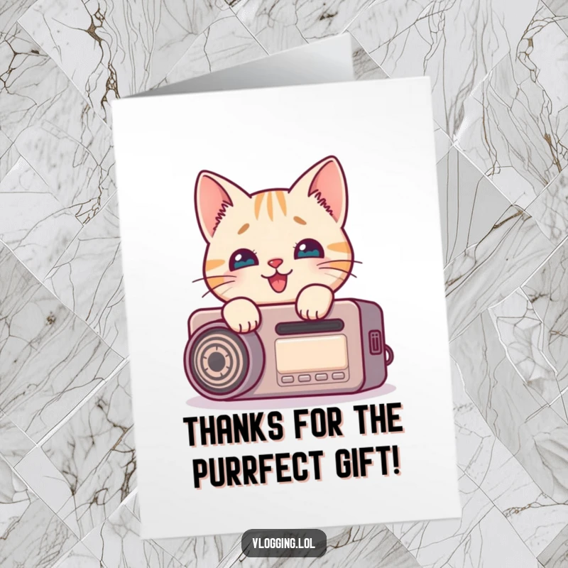 Funny free printable thank you card: A curious cartoon cat peeking around a recording device with a look of delight and thanks.