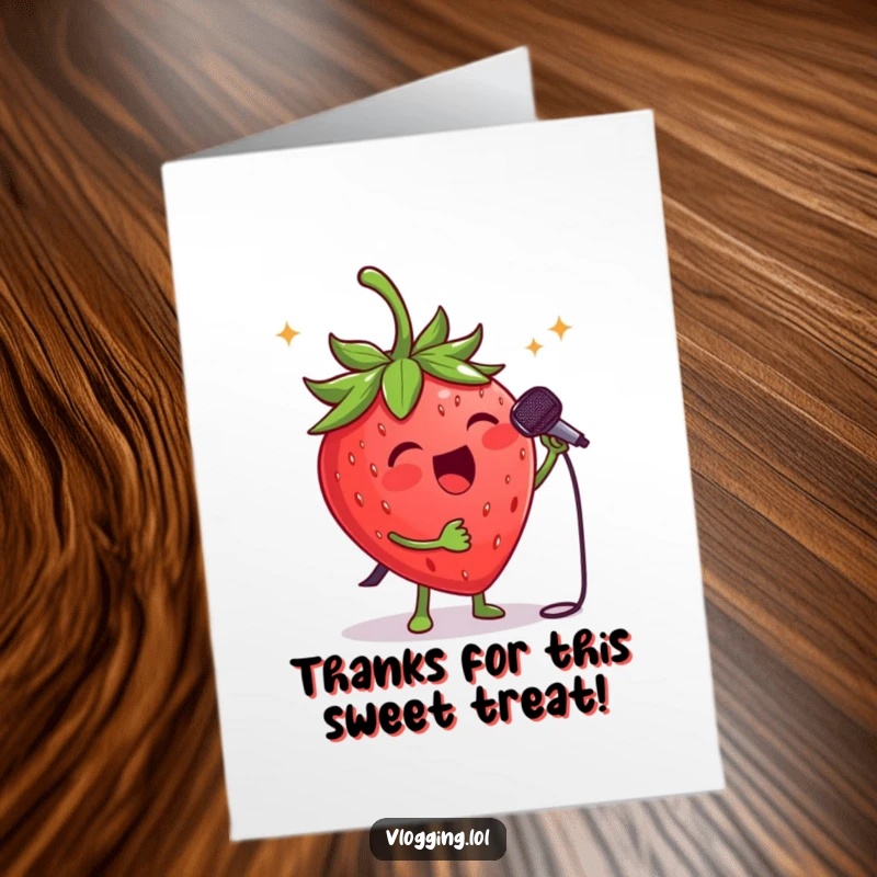 Funny Free Printable Thank You Card: Cheerful strawberry with a microphone, singing a heartfelt tune to say thanks.