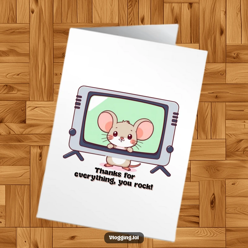 Funny Free Printable Thank You Card: Shy mouse gamer shows gratitude from behind a giant video screen.