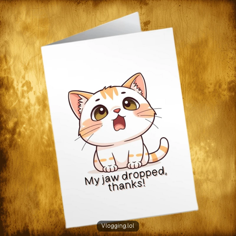 Funny free printable thank you card: surprised cat with wide eyes, reacting dramatically to an act of kindness.