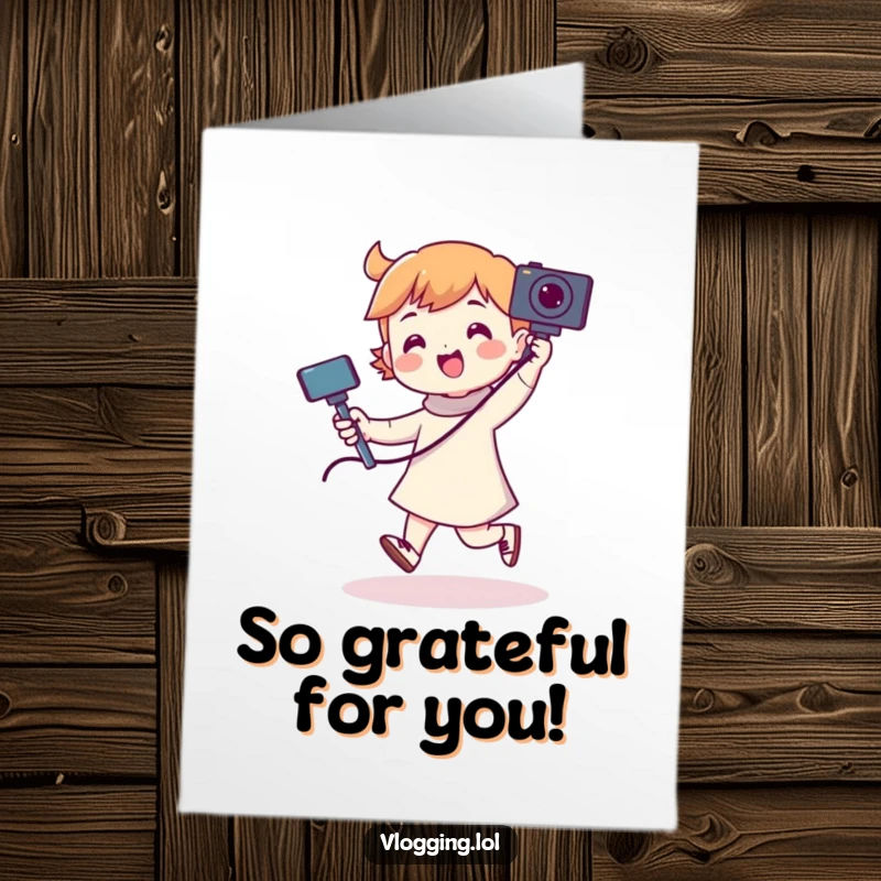 Funny Free Printable Thank You Card: Character doing a happy dance with a selfie stick, expressing thanks.