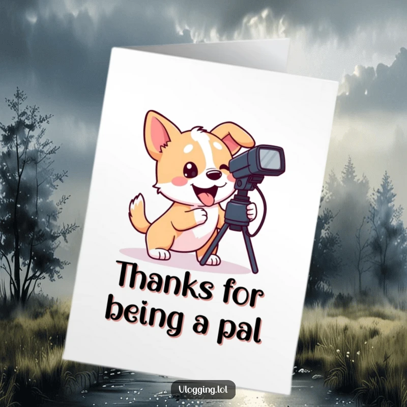 Funny Free Printable Dog Thank You Card: Playful dog wagging tail while filming thanks, a downloadable gift.
