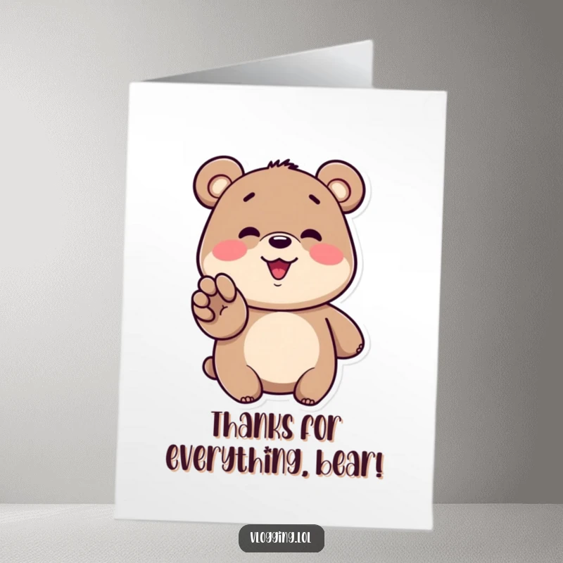 Funny free printable thank you card: A smiling cartoon bear enthusiastically gestures towards a screen, sharing heartfelt thanks.