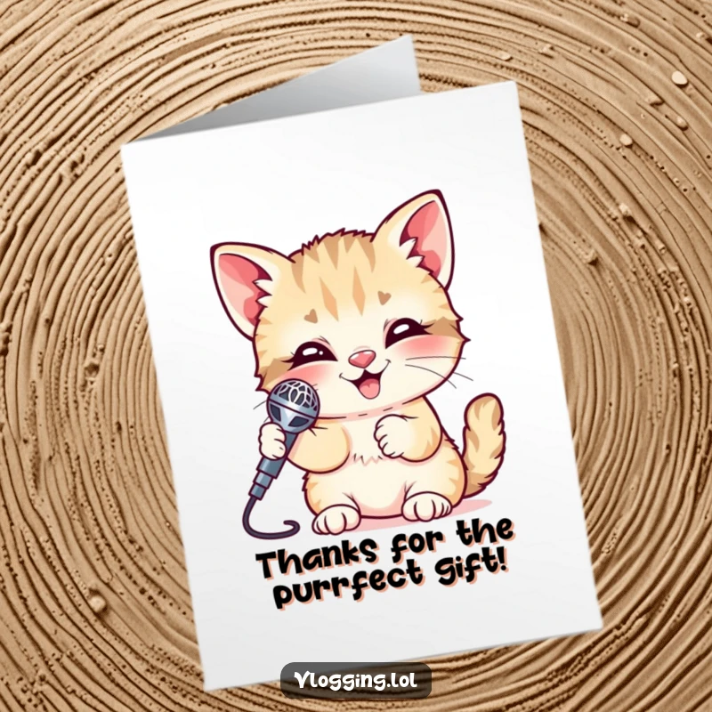 Funny Free Printable Giggling Kitten Thank You Card: A happy kitten giggles holding a microphone, enthusiastically saying thank you.