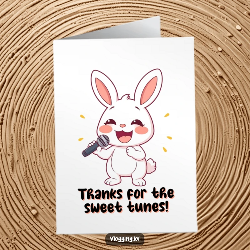 Funny free printable thank you card: A happy cartoon bunny holding a microphone and smiling widely, singing a song of thanks.