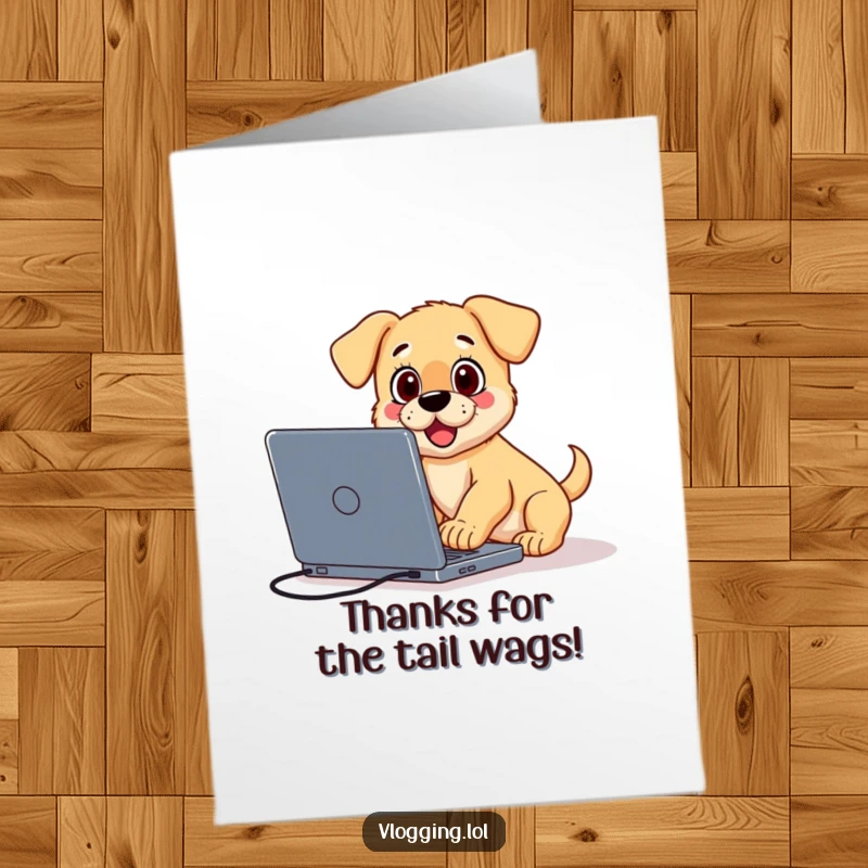 Funny Free Printable Thank You Card: A surprised puppy tripping over a laptop while attempting to vlog, a funny thank you.