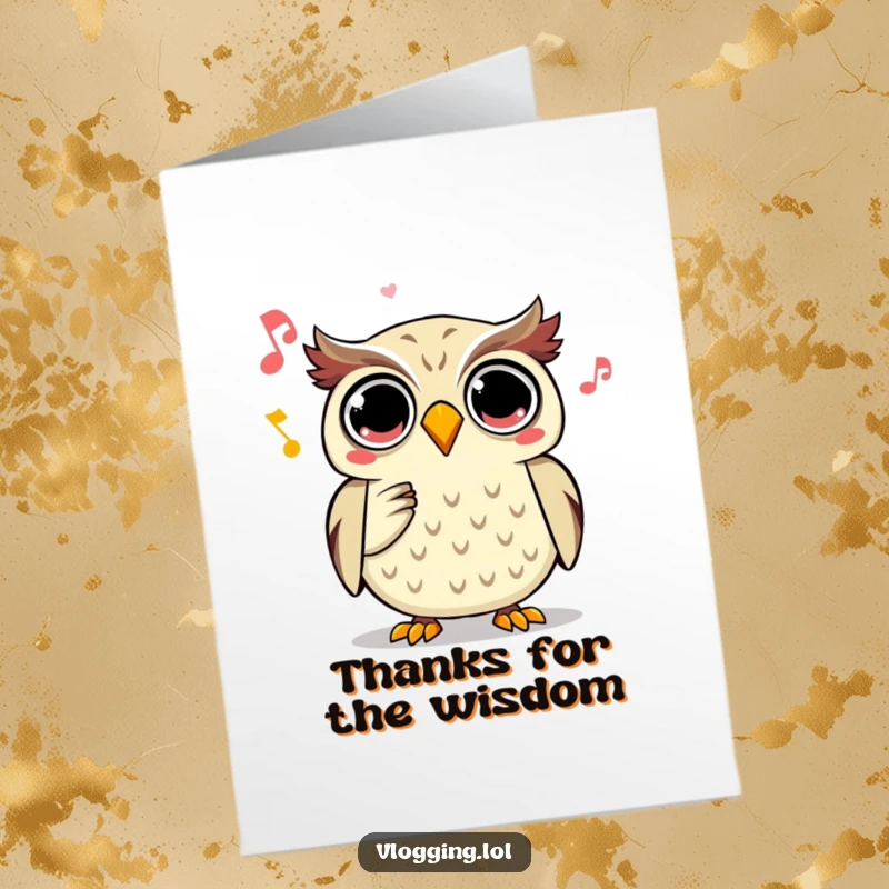 Funny Free Printable Owl Thank You Card: Joyful owl recording spooky sound, a downloadable gift for thanks.