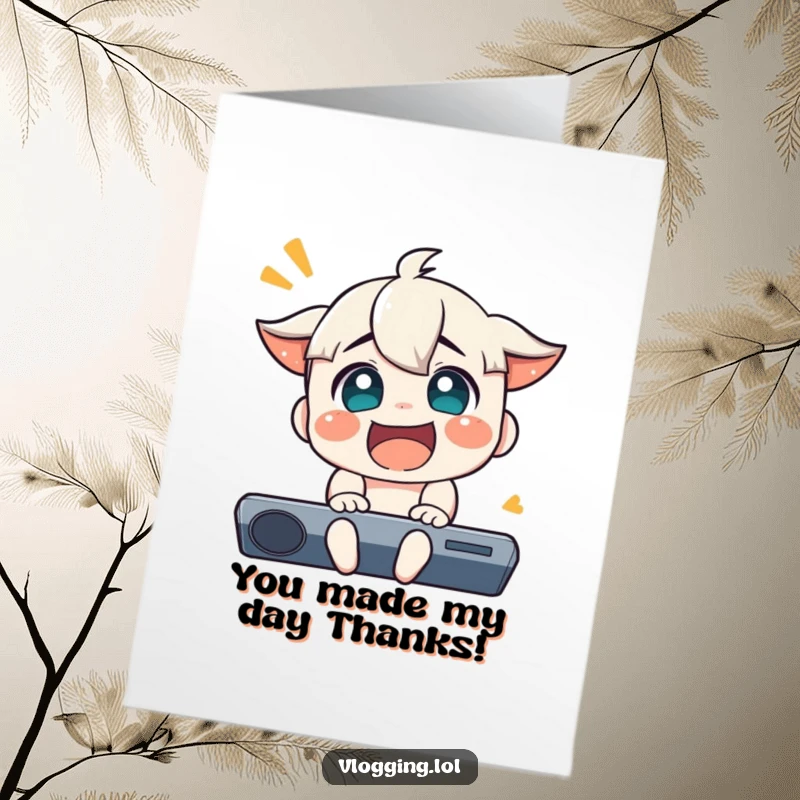 Funny Free Printable Thank You Card: Character’s Face Lit Up with Exaggerated Joy, Reacting Happily to a Surprise