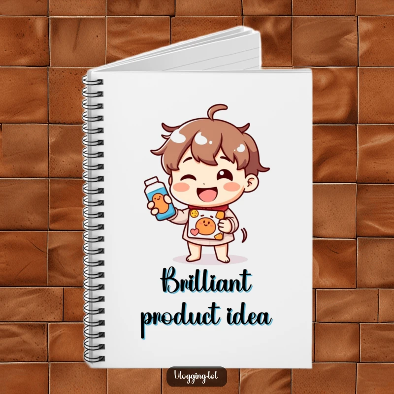 Funny notebook cover with a cheerful character smiling and demonstrating a product, perfect for notes and ideas.