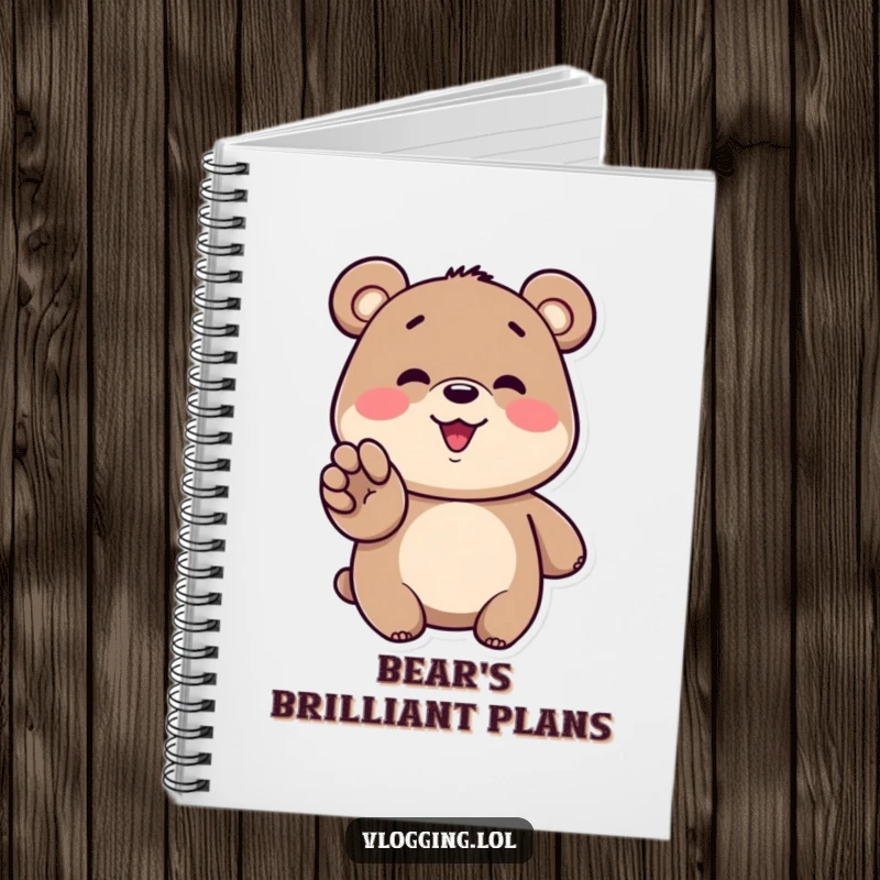 Funny bear notebook showing a happy bear gesturing enthusiastically towards a screen, perfect for notes and ideas.