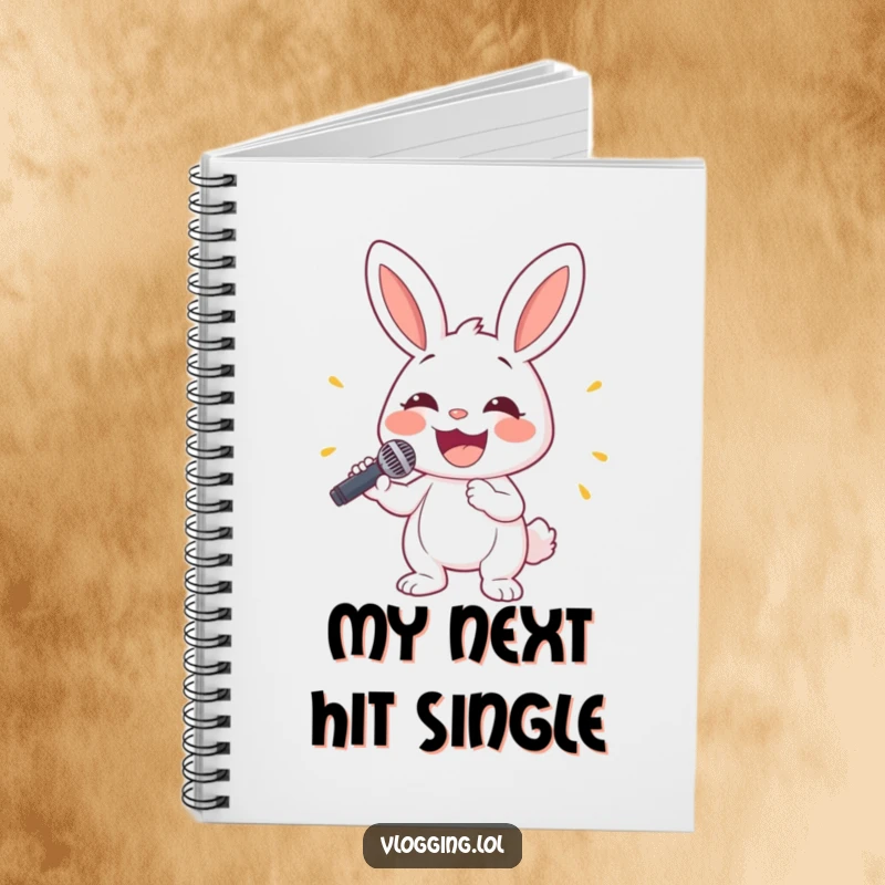 Funny bunny notebook showing a happy rabbit holding a microphone with a wide smile, perfect for songwriting and notes.