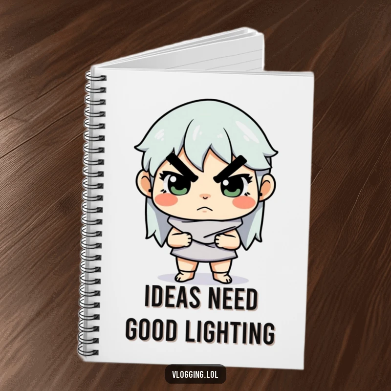 Funny notebook with a determined creator adjusting lighting, capturing the serious essence of creative planning and perfect for jotting down ideas.