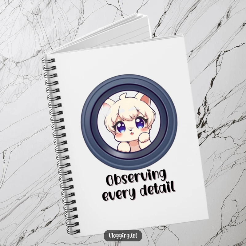 Funny notebook cover with a curious character peeking into a camera lens, encouraging note-taking for inquisitive minds.
