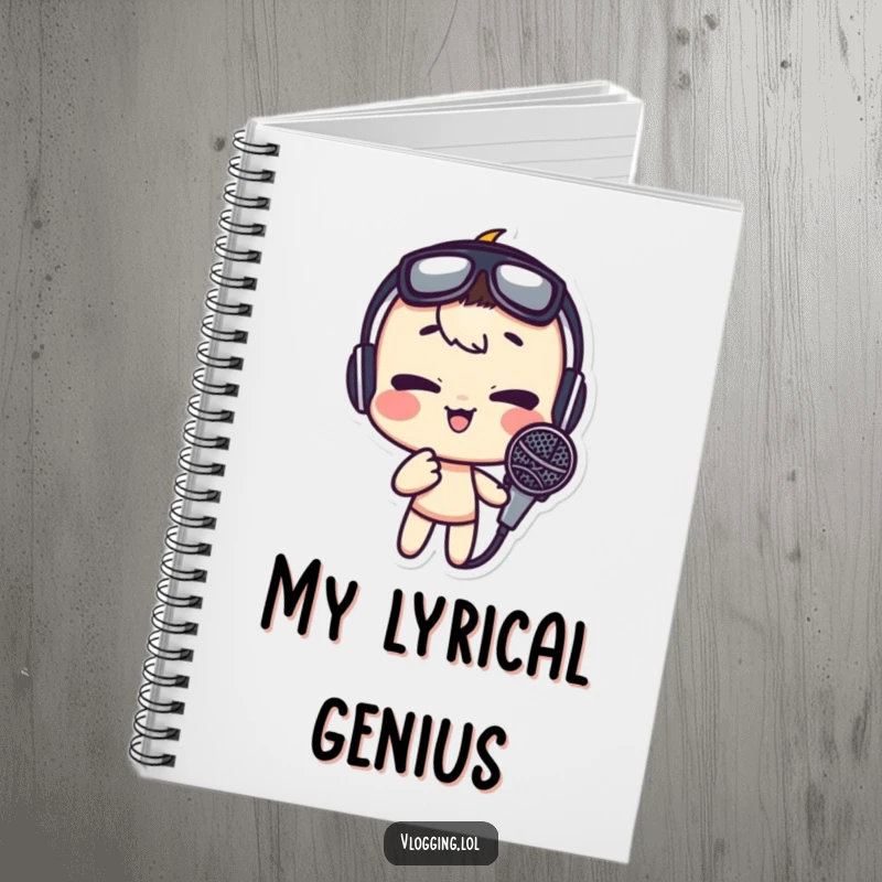 Funny notebook cover featuring a character with a silly face at a microphone, ideal for notes, doodles, and comedic inspiration.