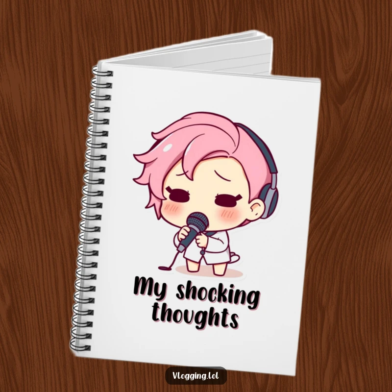 Funny notebook cover with a surprised character dropping a microphone, their expression one of pure shock.