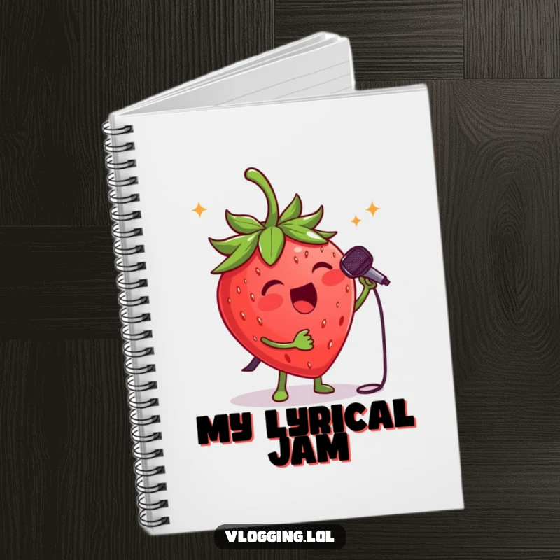 Funny strawberry singer notebook: A happy strawberry with a tiny microphone, poised to write music. Excellent funny gift.