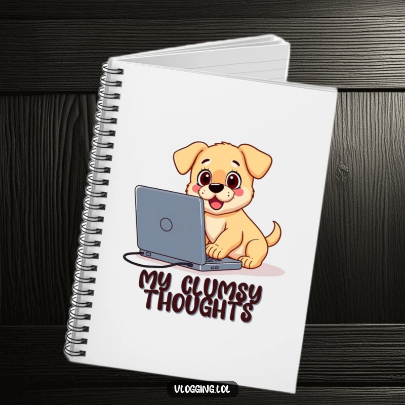Funny notebook cover with a surprised puppy tripping over a laptop while vlogging, a humorous companion for creator thoughts.