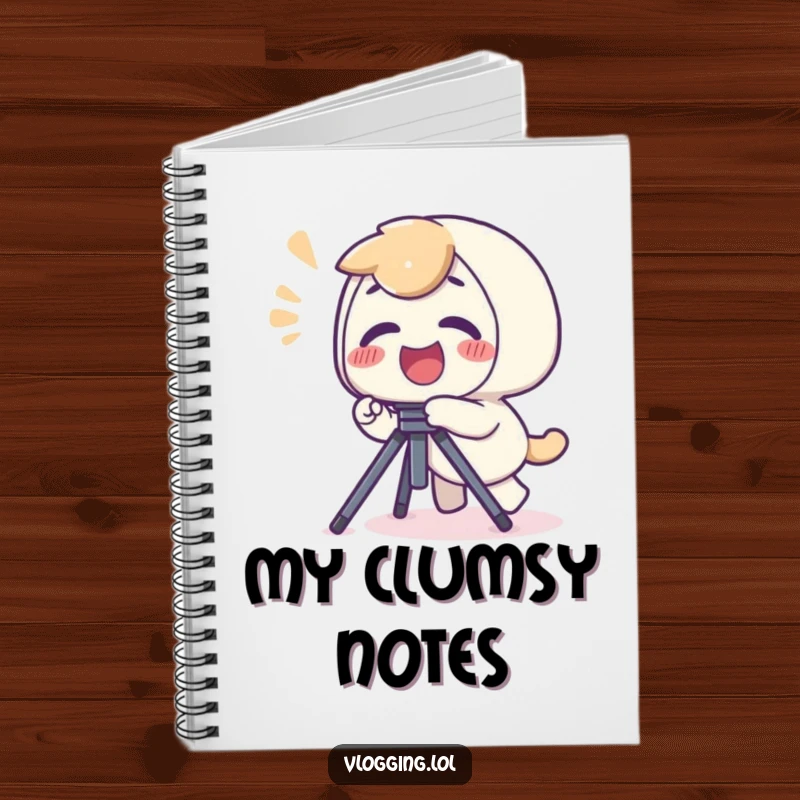 Funny notebook cover with a giggling character tripping over a camera tripod, a look of playful surprise.