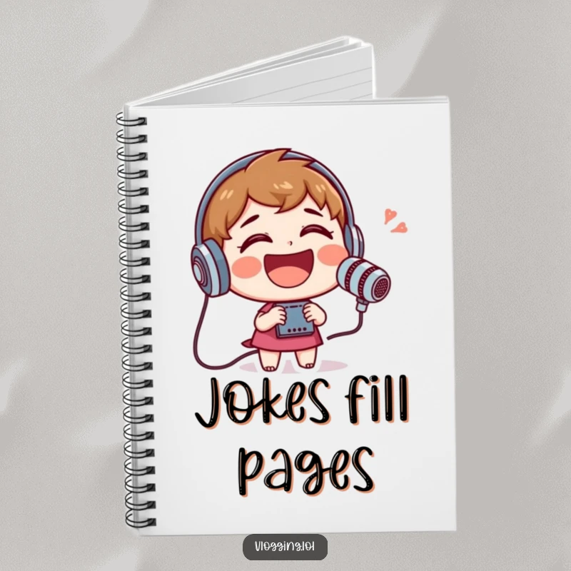 Funny notebook cover showcasing a cheerful character laughing heartily while holding and speaking into a recording device.
