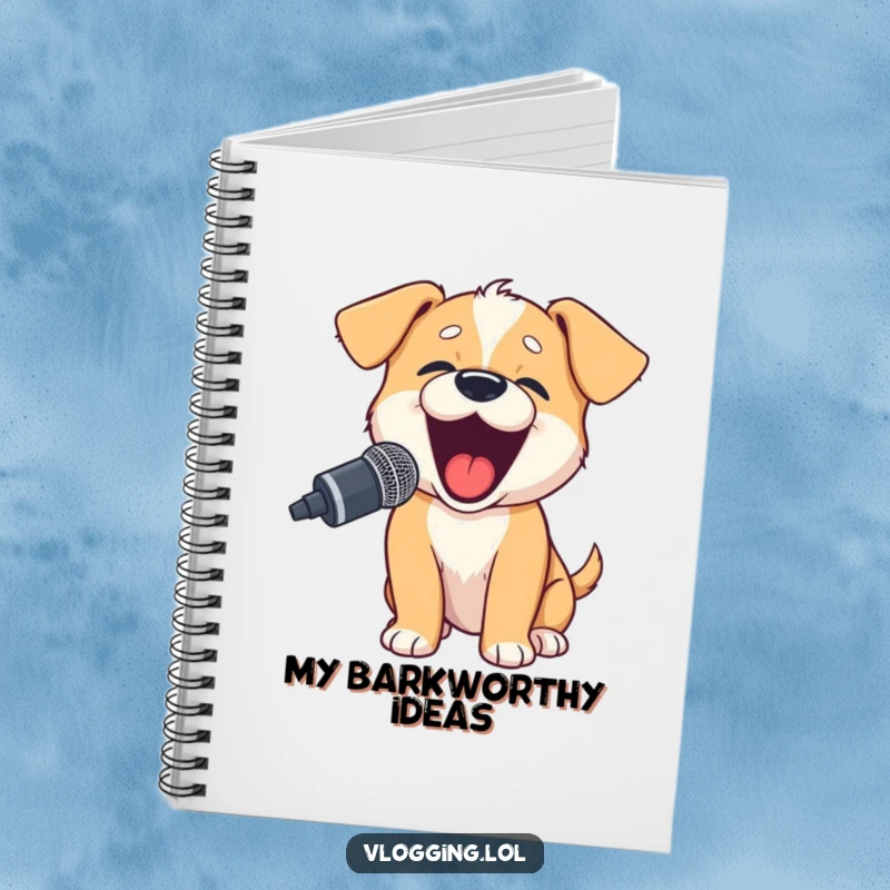 Funny puppy notebook showing a happy puppy barking excitedly into a microphone, perfect for notes and broadcasting ideas.