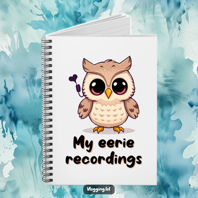 Funny owl notebook with a joyful owl and wide eyes recording a spooky sound, ideal for notes.