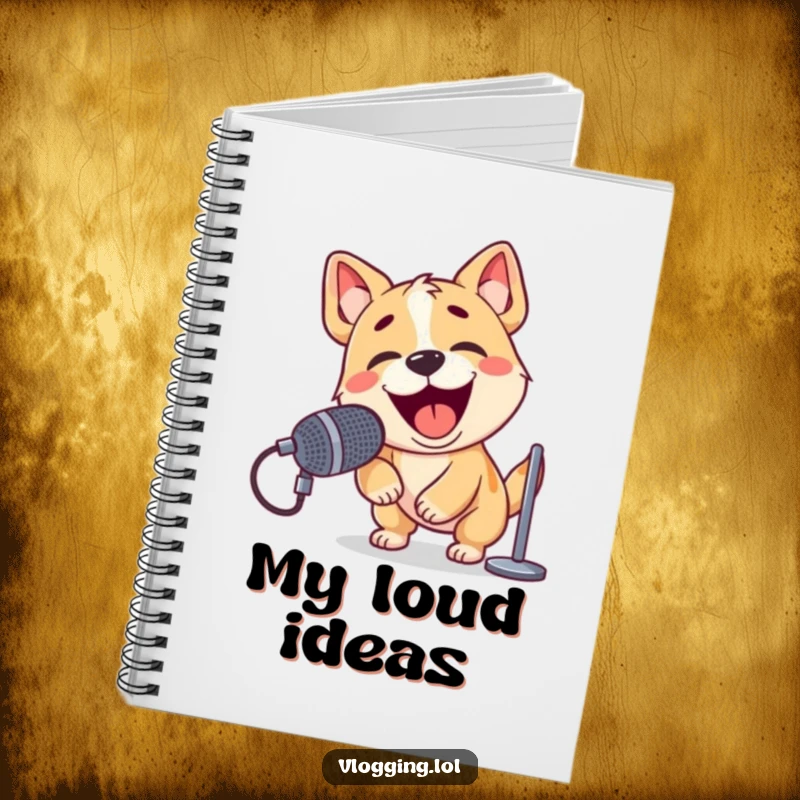 Funny notebook cover with a playful dog energetically barking into a microphone, ready to share its voice.