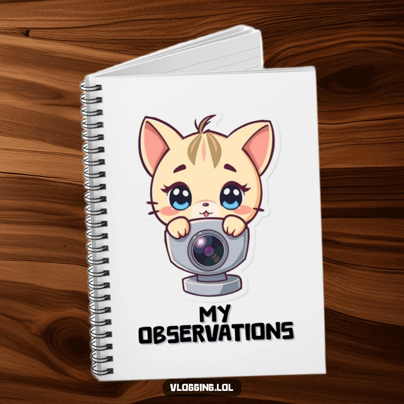 Funny notebook cover with a character peeking around a webcam, encouraging curious note-taking.