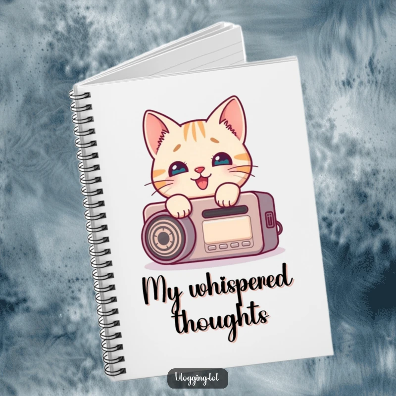 Funny cat notebook showing a curious feline peeking around a recording device with delight, perfect for notes and ideas.