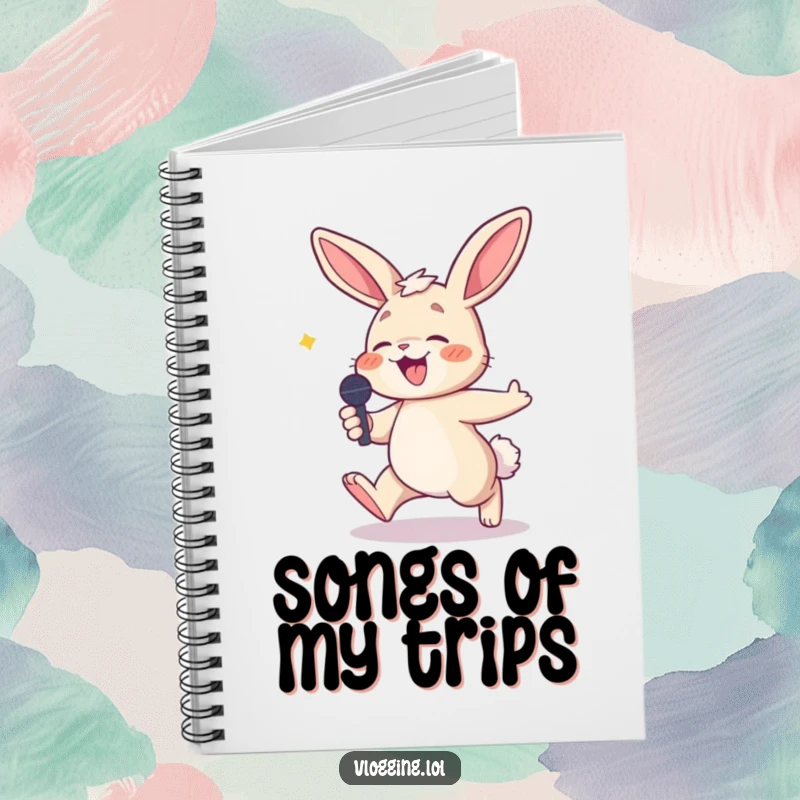 Funny notebook with a giggling bunny tripping while holding a microphone, perfect for jotting down ideas and thoughts.
