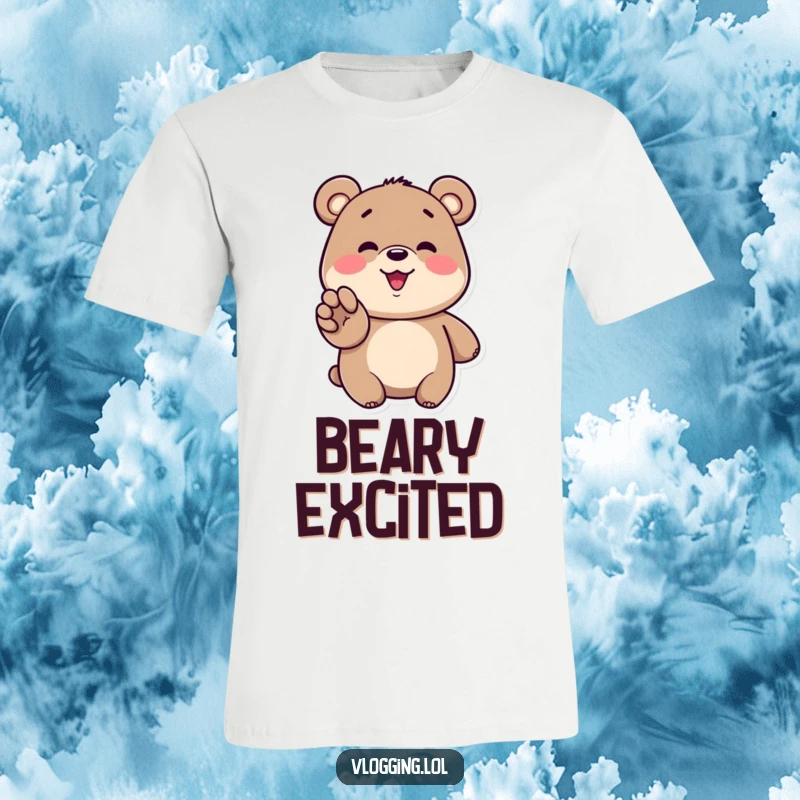 Funny bear t-shirt depicting a happy bear gesturing enthusiastically towards a screen with a big, excited smile.