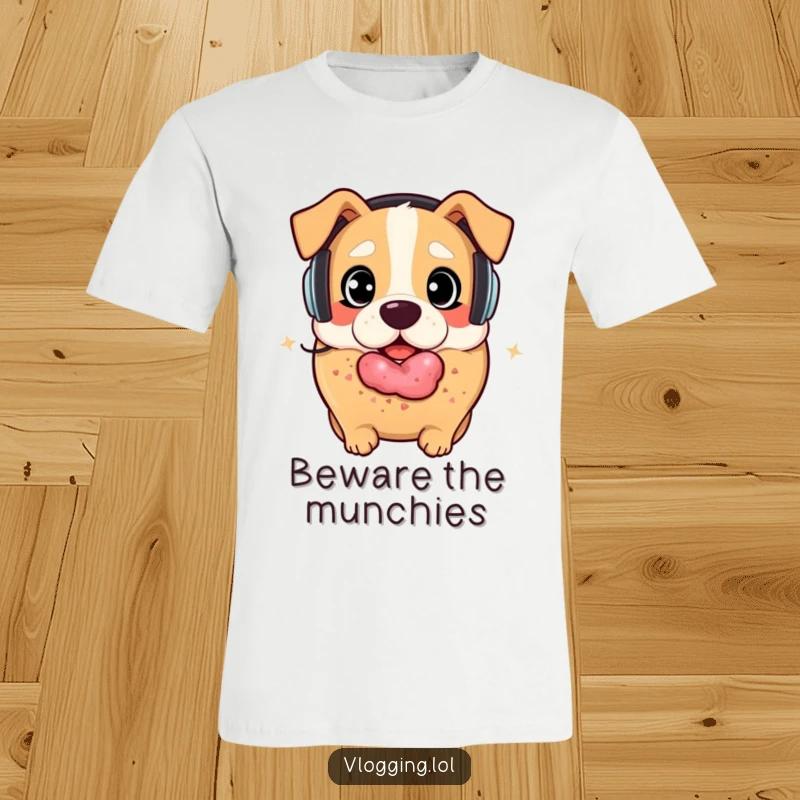Funny bagel dog t-shirt: A surprised bagel wearing headphones is about to be playfully eaten by an excited dog. Great funny gift.