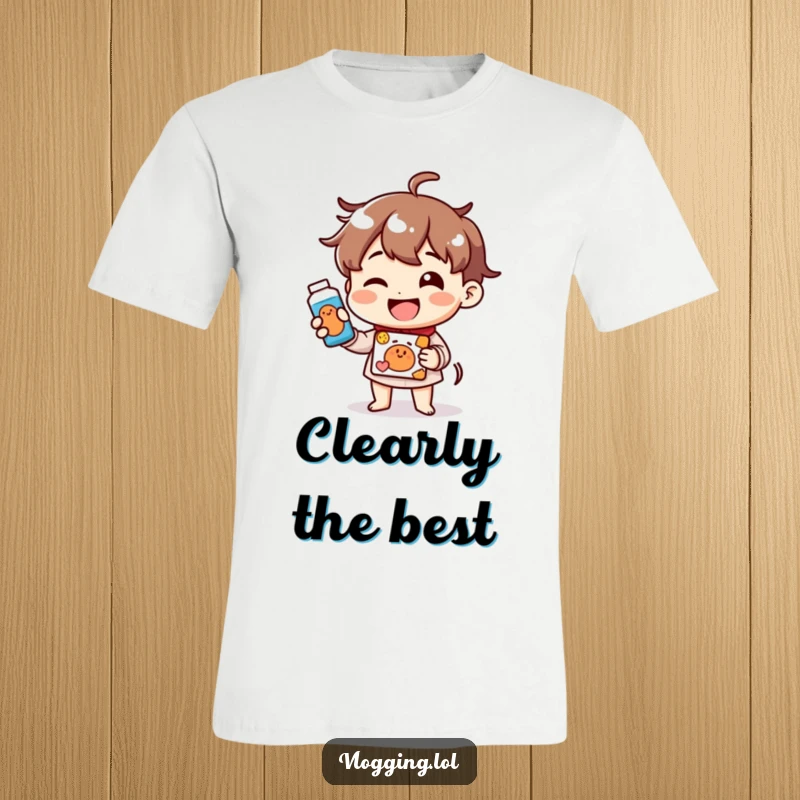 Funny t-shirt with a character beaming with a large smile while showcasing a product, conveying helpfulness and joy.