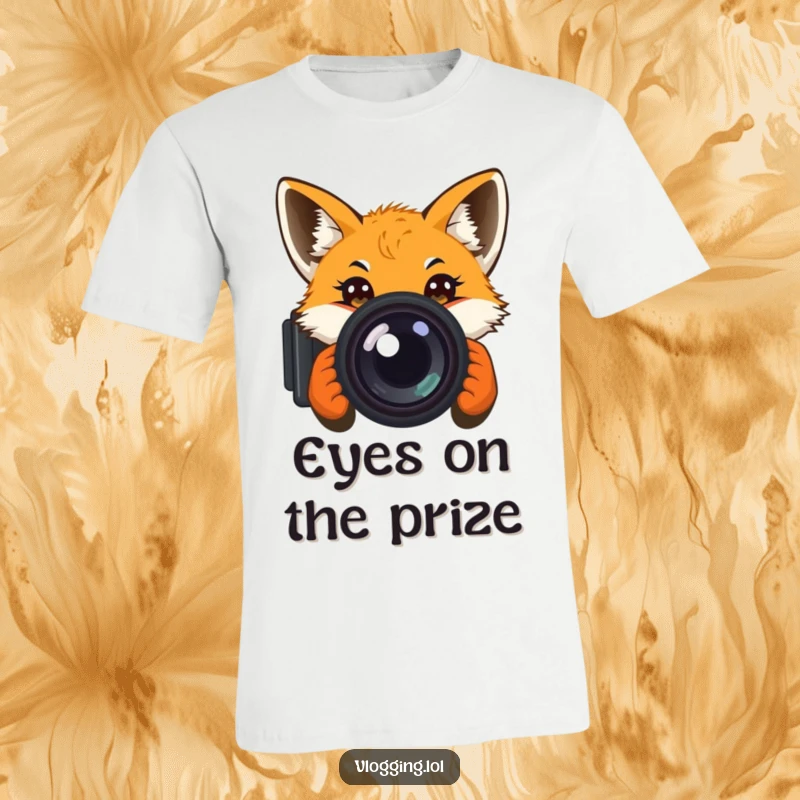 Funny T-Shirt: A curious fox with wide eyes peeking directly into a camera lens, embodying playful curiosity and humor.