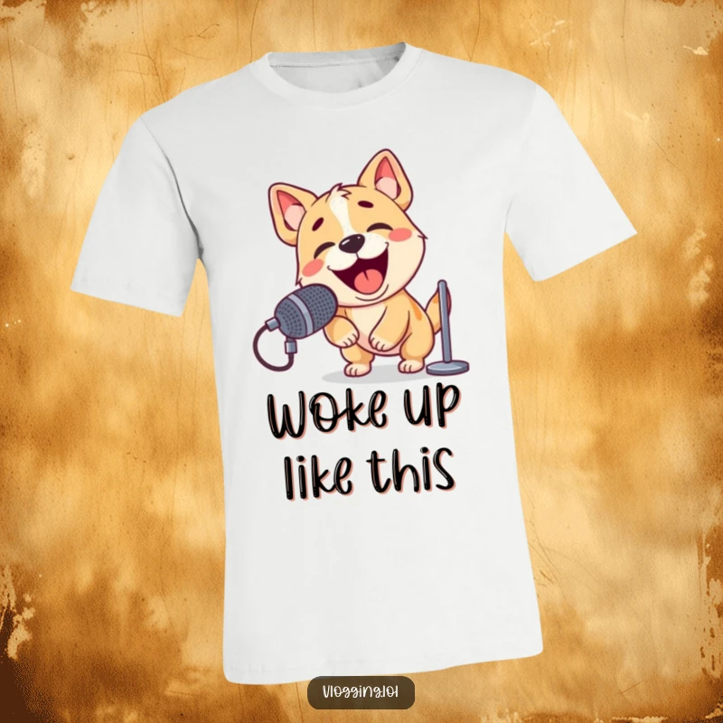 Funny t-shirt showing a playful dog enthusiastically barking into a microphone with a powerful and energetic expression.