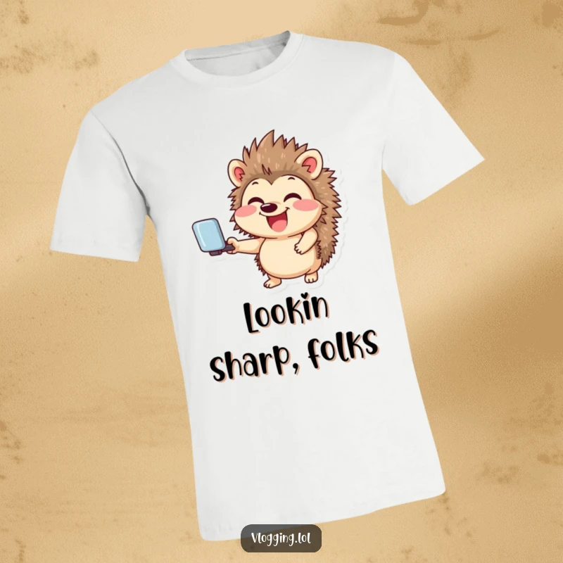 Funny t-shirt with a giggling hedgehog smiling and holding a selfie stick, representing social media fun humorously.