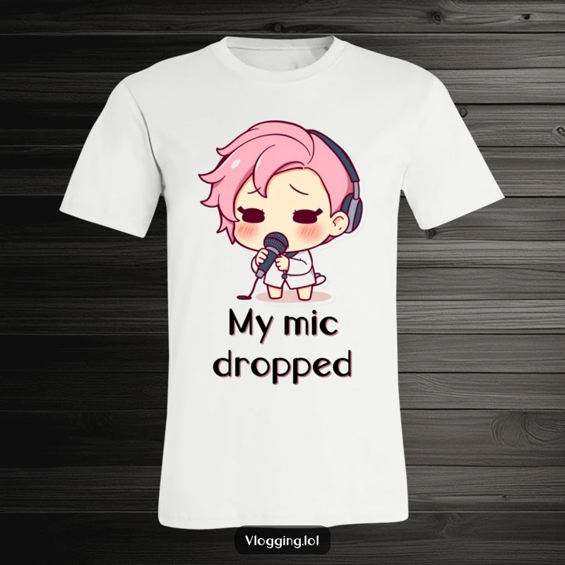 Funny t-shirt with a surprised character dropping a microphone, eyes wide with shock and astonishment.