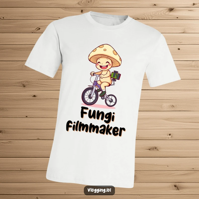 Funny mushroom unicyclist t-shirt: A grinning mushroom on a unicycle, holding filming gear, ready to document its journey. Great funny gift.