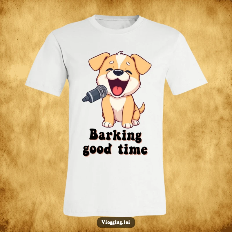 Funny puppy t-shirt depicting an excited puppy barking loudly into a microphone, perfect for aspiring broadcasters.