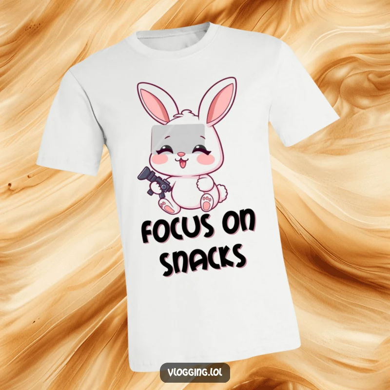 Funny T-shirt depicting a cheerful rabbit with intense concentration, meticulously editing a video on a computer screen.