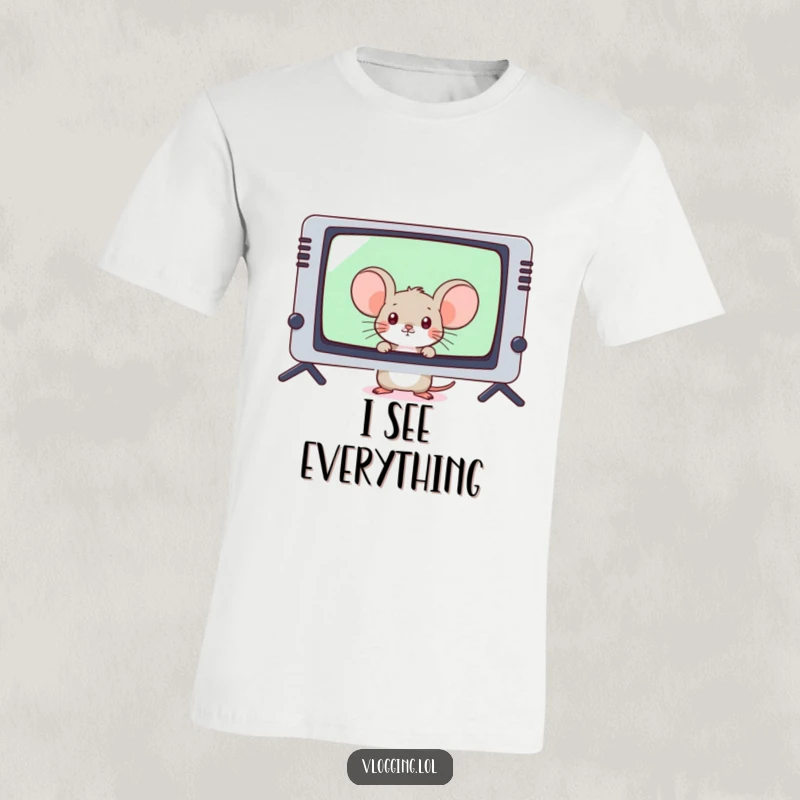 Funny shy mouse hiding behind a giant video game screen on a t-shirt, holding a controller.