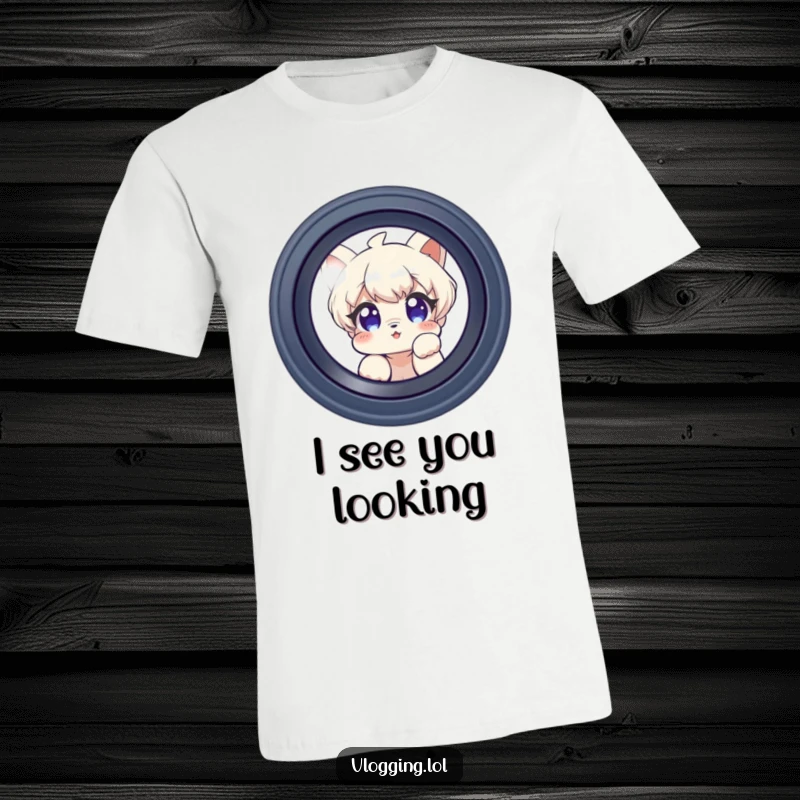 Funny t-shirt featuring a curious character peeking into a camera lens, ideal for photographers and photography enthusiasts.