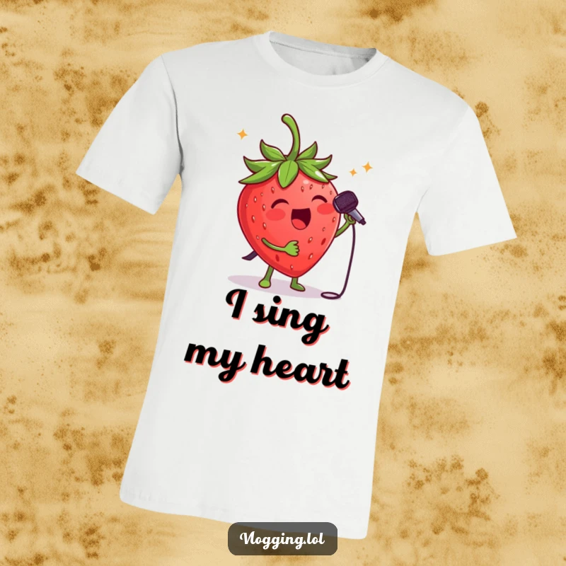 Funny strawberry singer t-shirt: A happy strawberry with a miniature microphone, performing at a concert with passion. Great funny gift.